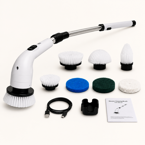 Electric Spin Scrubber Pro with nine cleaning attachments on a warm white background